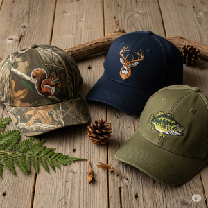 Flat lay of wildlife-themed baseball caps from Wah Yi Chi with squirrel, deer, and bass embroidery.