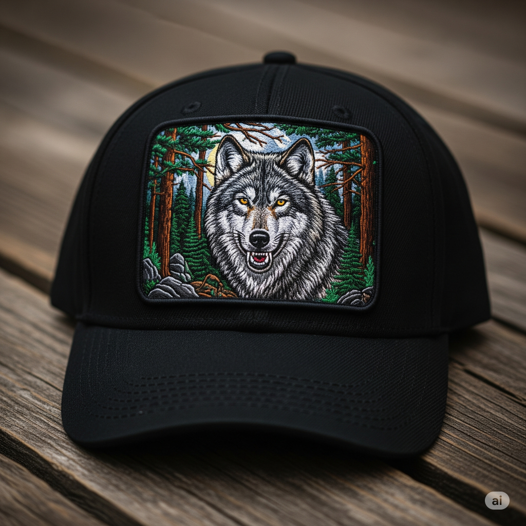 A stylish cap hat featuring a detailed embroidery of a wolf, symbolizing the connection between fashion and wildlife conservation.
