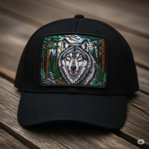 A stylish cap hat featuring a detailed embroidery of a wolf, symbolizing the connection between fashion and wildlife conservation.