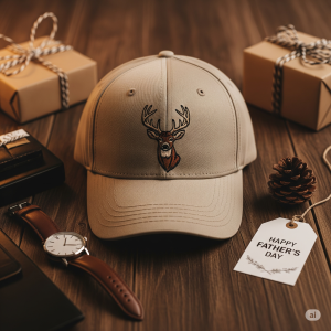Father's Day gift idea featuring a Wah Yi Chi wildlife embroidered baseball cap next to a watch and gift tag.